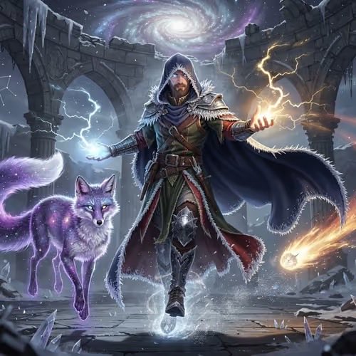 A fantasy illustration of a hooded mage casting dual lightning and fire spells while accompanied by a glowing purple ethereal wolf, set against ancient ruins under a swirling cosmic sky.