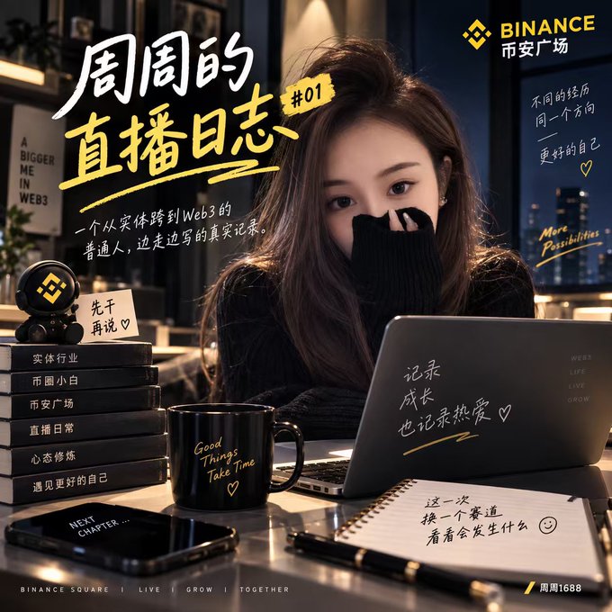 The image shows a young woman wearing a black sweater pulled up over her mouth, working at a desk with a laptop, notebook, and "Good Things Take Time" coffee mug, with Binance branding prominently displayed in the top right corner alongside Chinese text titled "周周的直播日志 #01" (Zhouzhou's Live Streaming Log #01).

The accompanying post reflects this visual narrative of someone transitioning into the crypto space, with the image's "Web3 Life Live Grow" tagline and "Binance Square" branding symbolizing her shift from traditional offline work to engaging with the digital asset community, while the handwritten notes like "记录成长也记录热爱 ♡" (Record growth, record passion) echo her personal journey of documenting this new chapter.