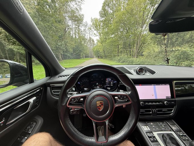 A first-person view from inside a Porsche vehicle, showing the steering wheel with the Porsche crest, the dashboard with navigation screen, and a tree-lined road ahead through the windshield.
