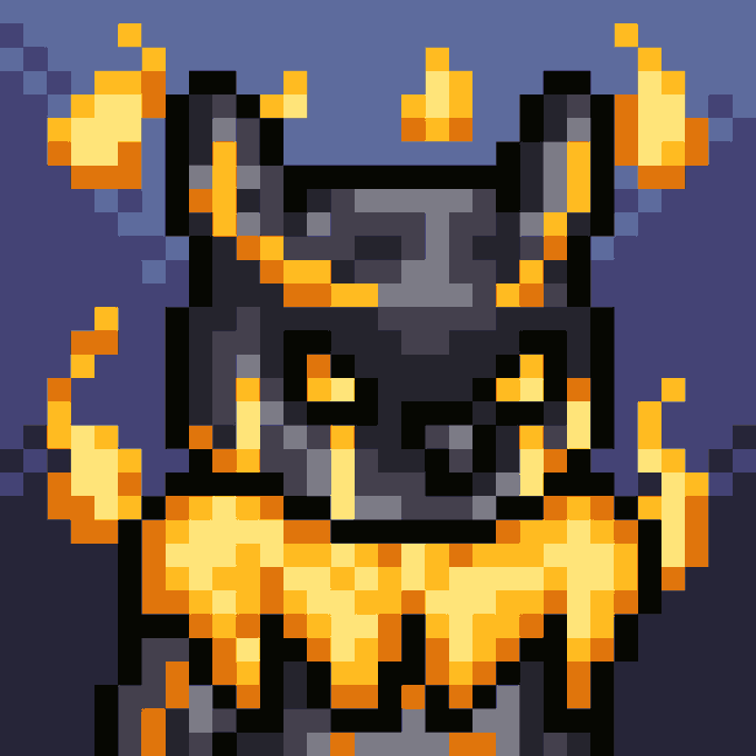 A pixel art depiction of a creature with glowing orange and yellow flames or energy emanating from its body, set against a dark blue/purple background.