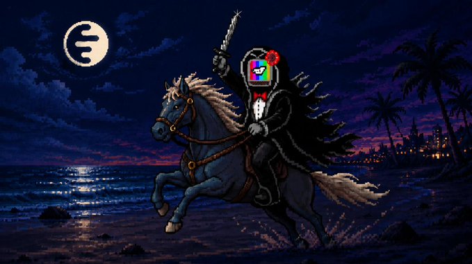A cloaked figure with a TV-headed mask rides a galloping black horse along a moonlit beach, sword raised, with a stylized "G" emblem glowing in the night sky—depicting the "griffink" character as a stealthy, dark-horse arrival to Ink On Chain.