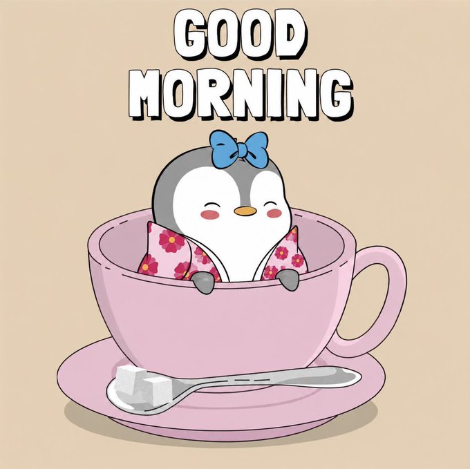 A cartoon illustration of a cute penguin with a blue bow sitting in a pink teacup with a sugar spoon, captioned 'GOOD MORNING'.