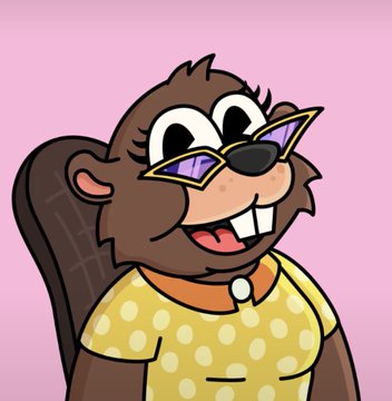 A cartoon illustration of a brown beaver character wearing purple sunglasses and a yellow polka-dot shirt with a pearl necklace, smiling cheerfully against a pink background.