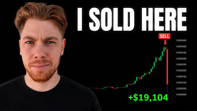 A man with red hair stands beside a candlestick chart showing a sharp price spike, marked with a "SELL" arrow at the peak and "+$19,104" profit displayed below. The bold "I SOLD HERE" headline illustrates the video's theme of timing memecoin exits at the top before inevitable crashes.