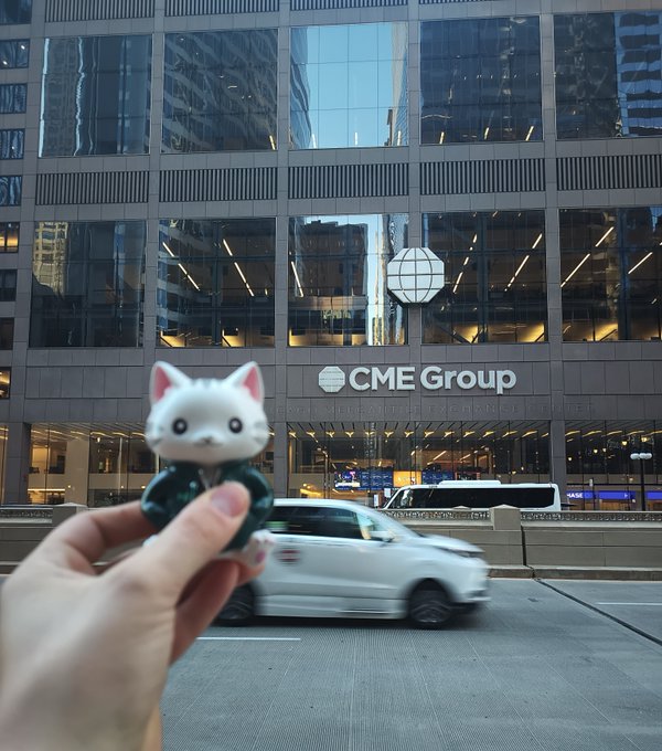A small white cat figurine is held up in the foreground with the CME Group building (Chicago Mercantile Exchange) visible in the background. The image connects to "Hyperliquid" by visually contrasting the decentralized crypto exchange against the traditional centralized financial institution, while a white taxi blurs past on the street below.