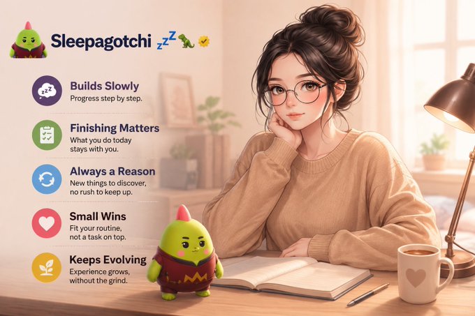 A promotional graphic titled 'Sleepagotchi' featuring an anime woman studying with a small green creature, listing features like 'Builds Slowly', 'Finishing Matters', 'Always a Reason', 'Small Wins', and 'Keeps Evolving'.