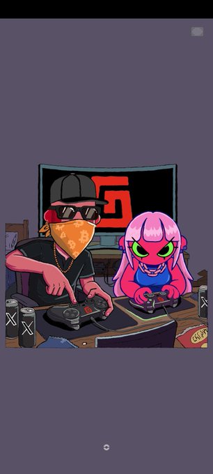 Two stylized cartoon characters—one a man in a black cap, sunglasses, and orange bandana, the other a pink-haired figure with green eyes—are intensely focused on a video game controller and mouse setup, with energy drink cans nearby and "GODS" displayed on the TV screen behind them, matching the post's announcement of a betting competition against @TheGodPull alongside @betty_nft.
