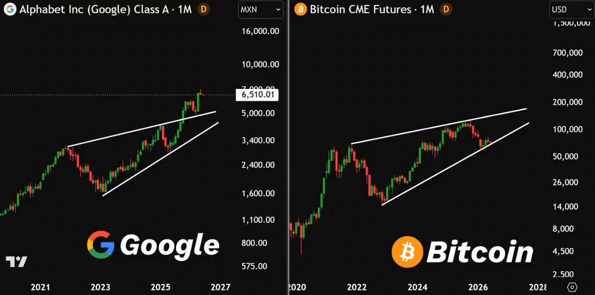 The image shows two different price charts for Bitcoin and Google with the Bitcoin chart pointing upwards while the Google chart has a downward trend. This indicates that Bitcoin is expected to increase in value, possibly reaching $350,000 by the year 2006 as suggested in one of the charts, whereas Google's price is likely to decline over time or remain stagnant. The context provided in the image seems to be focused on comparing the potential future value of these two digital assets and their projected rise or fall in value based on the chart trends.