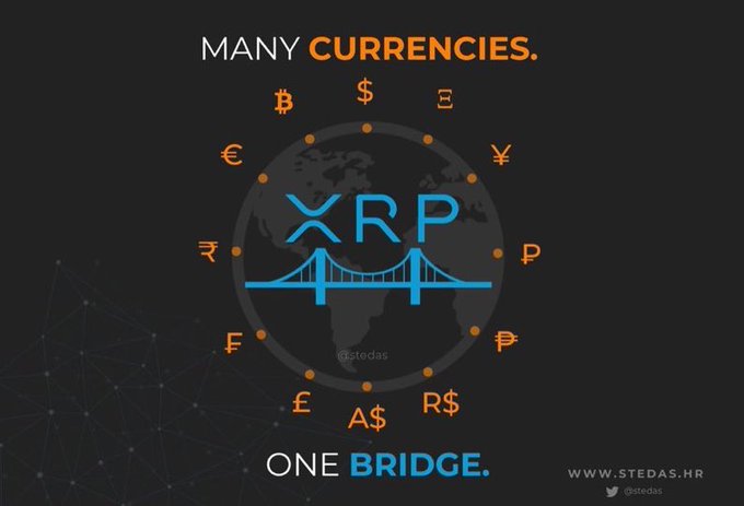 An XRP cryptocurrency advertisement stating 'MANY CURRENCIES. ONE BRIDGE.' featuring various currency symbols around the XRP logo, from www.stedas.hr (@stedas).