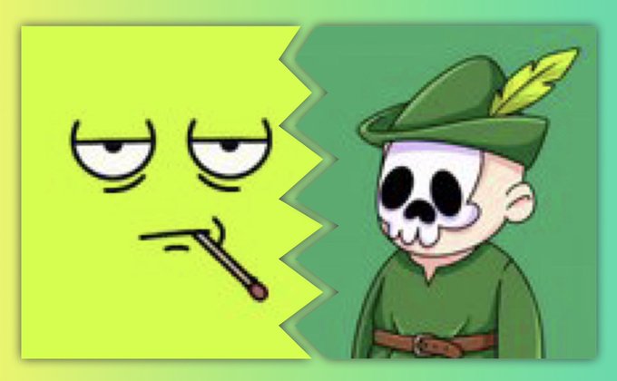 A cartoon split image with a yellow background showing a bored face smoking a cigarette next to a skull-faced character wearing a green feathered hat.