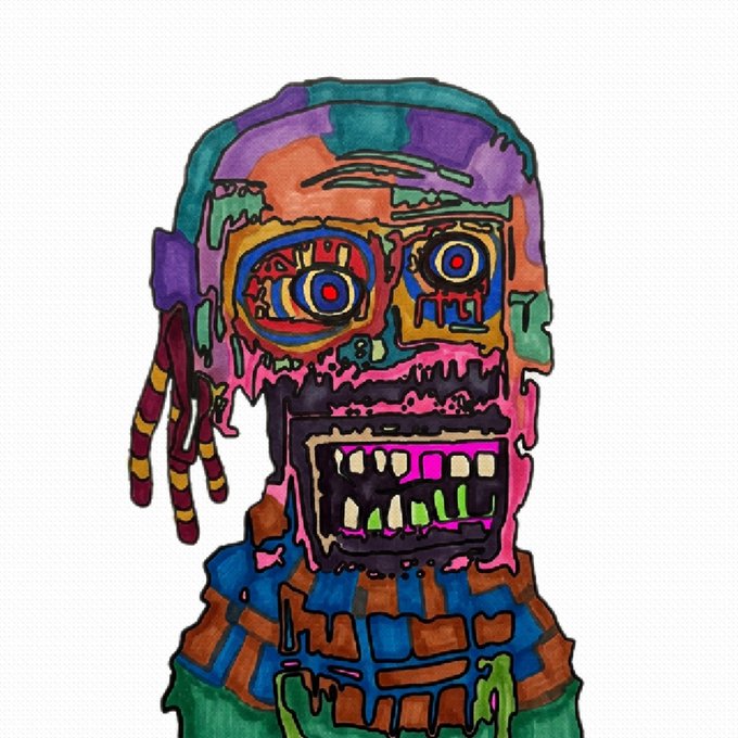 A colorful, psychedelic drawing of a melting face with wide eyes, bared teeth, and dripping colors on a white background.