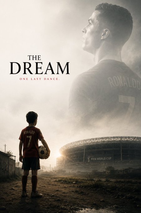A young boy wearing a "RONALDO 7" jersey stands holding a soccer ball, gazing up at a massive ethereal image of Cristiano Ronaldo looming over a FIFA World Cup stadium, with the text "THE DREAM - ONE LAST DANCE." The poster visually captures the post's message about pursuing greatness from humble beginnings, symbolizing Ronaldo's final World Cup journey as an inspirational legend whose career began with a child's dream.