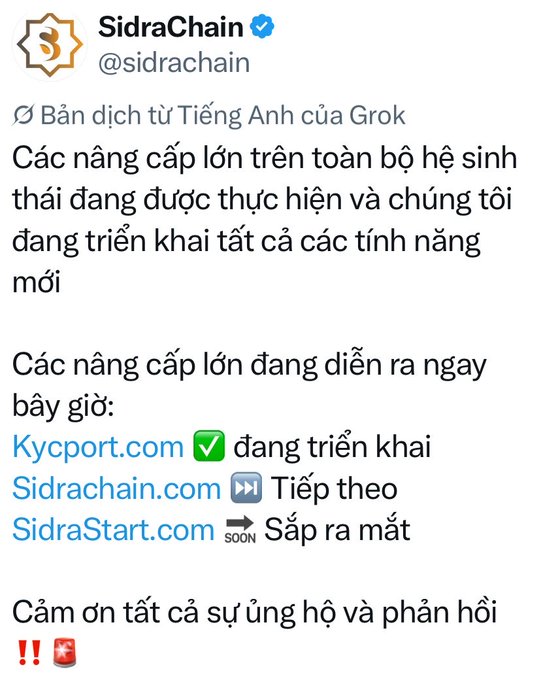 The image shows a Vietnamese announcement tweet from the verified SidraChain (@sidrachain) account, translated from Grok, listing major platform upgrades in progress: Kycport.com (✅ deploying), Sidrachain.com (➡️ next), and SidraStart.com (coming soon), with a thank-you message to supporters. It relates to the post by highlighting ongoing platform development, suggesting the inability to claim may stem from these active deployment phases.