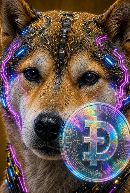 A digital artwork portrays a Shiba Inu dog's face integrated with cybernetic circuits and glowing neon lights, with a Dogecoin coin overlaid on the bottom right.