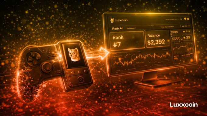 A promotional image for "LuxxCoin" featuring a dog-themed handheld gaming device projecting a screen showing account details, including "Rank #7", "Balance $2,392", and "TOKEN 4,069".
