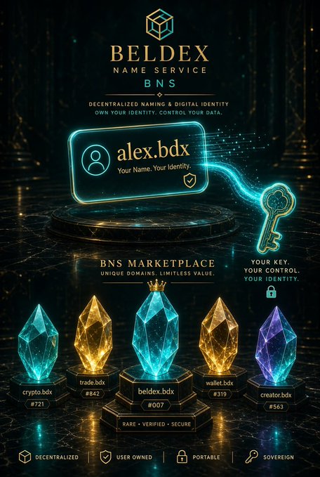 A promotional graphic for Beldex Name Service (BNS) showcases decentralized digital identity with the sample domain "alex.bdx" and a glowing key, alongside a marketplace display of premium crystal-shaped domain trophies including crypto.bdx (#721), trade.bdx (#842), beldex.bdx (#007), wallet.bdx (#319), and creator.bdx (#563), emphasizing features like decentralization, user ownership, portability, and sovereignty.