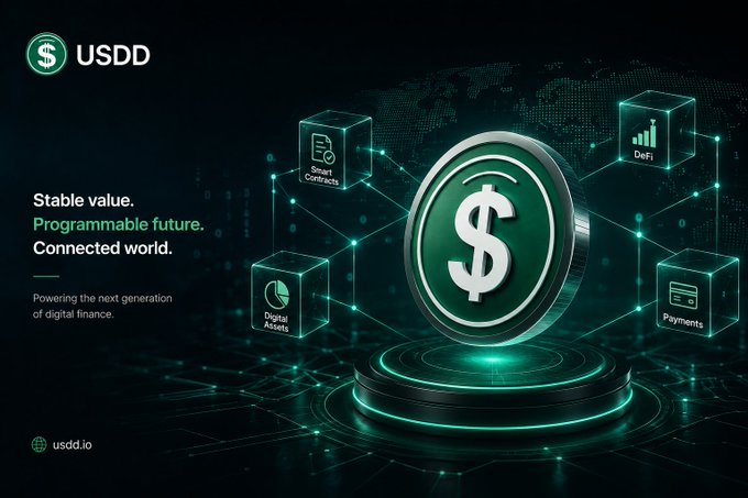 A promotional graphic for 'USDD' cryptocurrency displaying a large silver dollar coin surrounded by connected cubes labeled 'Smart Contracts,' 'DeFi,' 'Digital Assets,' and 'Payments,' with the tagline 'Stable value. Programmable future. Connected world. usdd.io'
