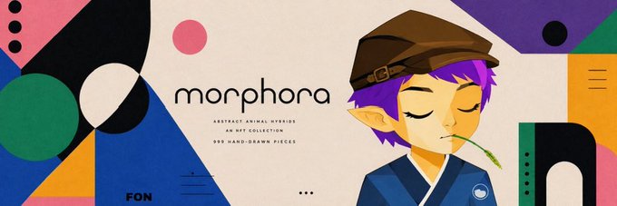 A colorful banner for 'morphora', described as an NFT collection of 999 hand-drawn animal hybrids, featuring a purple-haired anime-style character with a leaf in their mouth.