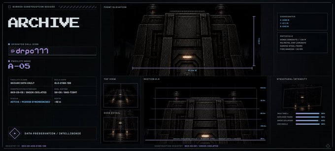 A futuristic digital blueprint interface displays architectural schematics of a bunker labeled "ARCHIVE," with coordinates 95.0 x 95.0 x 2.0 and a 60.0-03/60.0-isolated build, while a side panel reads "3,333 CITIZENS / FULLY FREE MINT" — directly tying the technical design specs to the promotional announcement for the entry-pending archive mint.