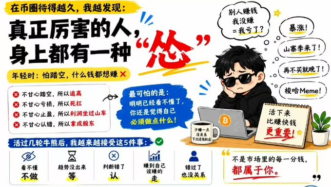The image is a Chinese-language infographic titled "在币圈待得越久，我越发现：真正厉害的人，身上都有一种'怂'" (The longer I stay in the crypto circle, the more I realize: truly impressive people all have a bit of "cowardice" in them). It features a cartoon character in sunglasses at a laptop with humorous thought bubbles mentioning "别人赚钱我没赚=我亏了？" (Others profit, I don't = I lost?), "暴涨!" (Surge!), "山寨季来了!" (Altcoin season is here!), "再不买就晚了!" (Buy now or miss out!), and "梭哈Meme!" (All-in on memes), along with advice that "活下来比赚快钱更重要" (Survival matters more than making quick money) and "不是市场里的每一分钱都属于你" (Not every penny in the market belongs to you).

The image directly illustrates the post's message about crypto market psychology, using humor to