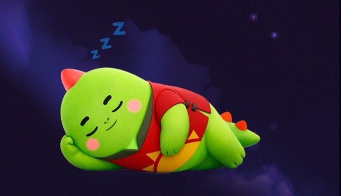 The image features a green dinosaur character wearing a red shirt with its eyes closed while sleeping. The background of the image is dark blue, creating an atmosphere that complements the overall theme. The caption below the image reads "GN @sleepagotchi started as a sleep-to-earn game. But the bigger insight was that sleep is one of the strongest signals into human health". This suggests that the character's sleeping habits are being used to promote the importance of sleep and its impact on overall well-being, possibly in relation to the post about sleep and wellness.