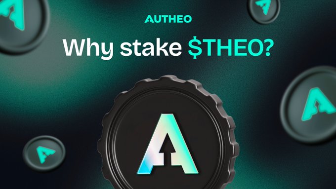 The image features a logo for Autheo, which is a cryptocurrency wallet service. The logo includes a black coin with an arrow pointing upwards and the word "A" written below it. Below this logo, there are several circles of different sizes scattered around the image. The text in the image reads "Why stake $THEO?"