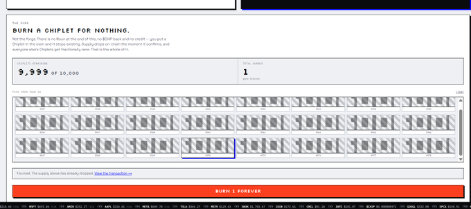 A webpage titled 'BURN A CHIPLET FOR NOTHING' with a progress bar showing '3,999 OF 10,000' and a large orange button labeled 'BURN 1 FOREVER'.