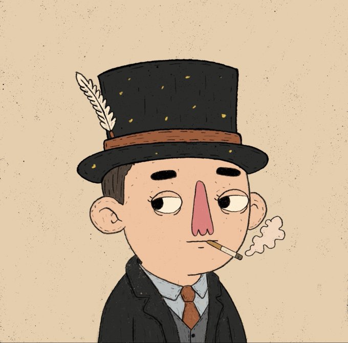 An illustration of a man wearing a top hat with a feather, a suit, and smoking a cigarette with a stylized elongated nose.