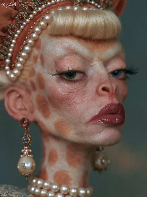 A surreal close-up portrait of a figure with giraffe-like spotted skin, wearing an ornate beaded headpiece, pearl necklace, and dangling earrings, with the watermark 'By LA' in the top left corner.
