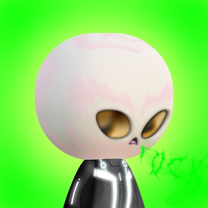 A 3D-rendered character with an oversized white alien-like head featuring large golden eyes, wearing a black futuristic suit with glowing white lines, set against a green screen background.