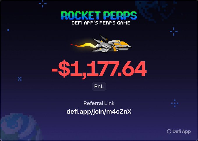 The image shows a screenshot of a video game advertisement for Rocket Perps, where there's an image of a rocket flying through space with flames coming out of its tail. The game is an online multiplayer game that costs $1,177,634.74 and has been referred to by the player for its "defierank/join/m4cZnX". A link to the app can be seen in the image as well. In the bottom left corner of this screenshot, there's a text box containing some code that provides information about how to start playing the game using a defi app.