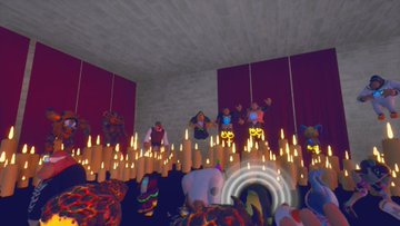 A 3D animated scene resembling a ritual or ceremony, with characters gathered around a glowing portal surrounded by numerous lit candles in a dark chamber.