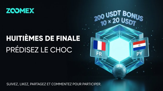 A dark promotional banner by ZOOMEX for a quarterfinal matchup between France (FR) and Paraguay (PY), offering a 200 USDT bonus (10 × 20 USDT) for predictions.