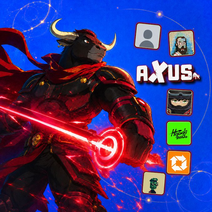 An illustrated character named 'AXUS,' depicted as a bull-like warrior in red armor wielding a glowing red sword, surrounded by app icons on a blue background.