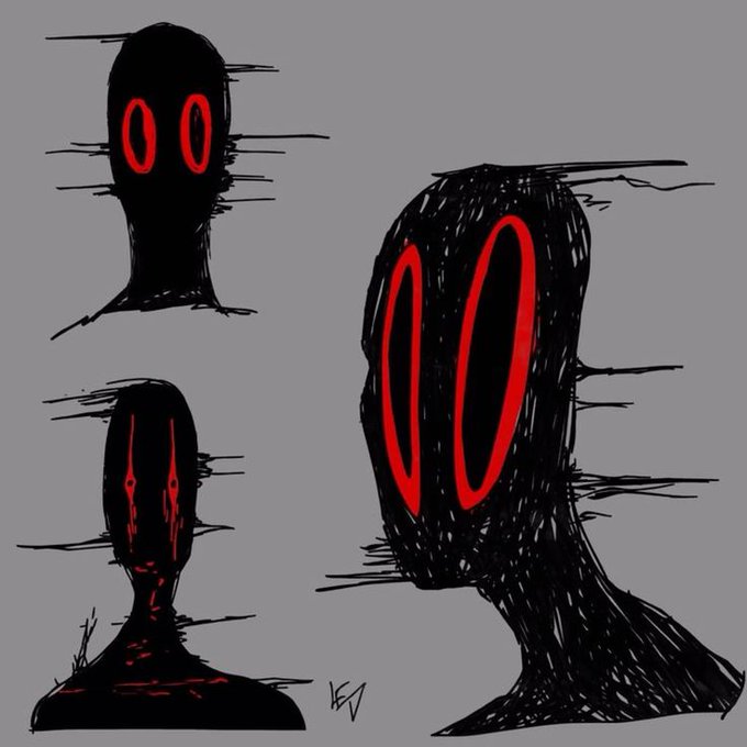 The image features a collection of three black-drawn faces with red eyes, each with a unique expression or pose. The faces are drawn in different styles, creating an abstract and surreal scene. The caption for this image reads "ABYSS was born from a child's fear of empty rooms. Every night the shadow grew taller, every morning another white eye appeared on the page. Then the drawing stopped being trapped in paper and started living inside screens, mirrors, and wallets." This post seems to be related to the artist's work or an art-related discussion, as it features a surreal interpretation of faces with red eyes and abstract drawings.