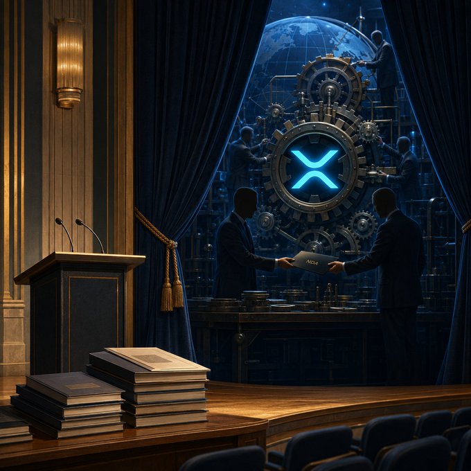 A shadowy theater stage features businessmen exchanging documents beneath a glowing blue XRP logo set within an intricate gear mechanism, with a lectern and stack of books in the foreground—visually reinforcing the post's central question about who actually controls XRP's price, since neither Ripple nor the decentralized XRPL network can unilaterally "reprice" the asset.