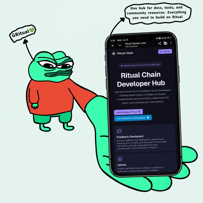 A promotional graphic for Ritual Chain Developer Hub featuring a Pepe-style cartoon character holding a smartphone displaying the developer hub page, with text describing it as 'One hub for docs, tools, and community resources.'