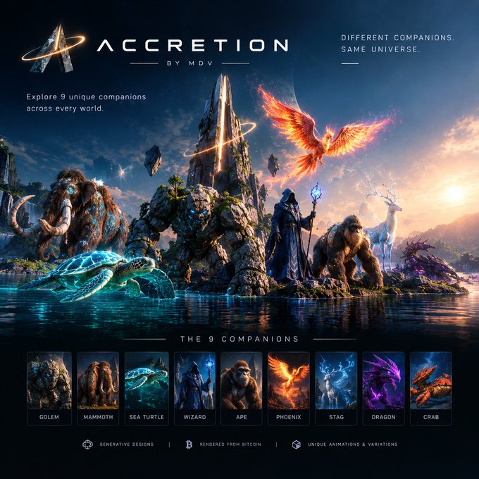 Promotional artwork for "ACCRETION by MDV" with the tagline "Different Companions. Same Universe," showcasing 9 NFT companions: Golem, Mammoth, Sea Turtle, Wizard, Ape, Phoenix, Stag, Dragon, and Crab.