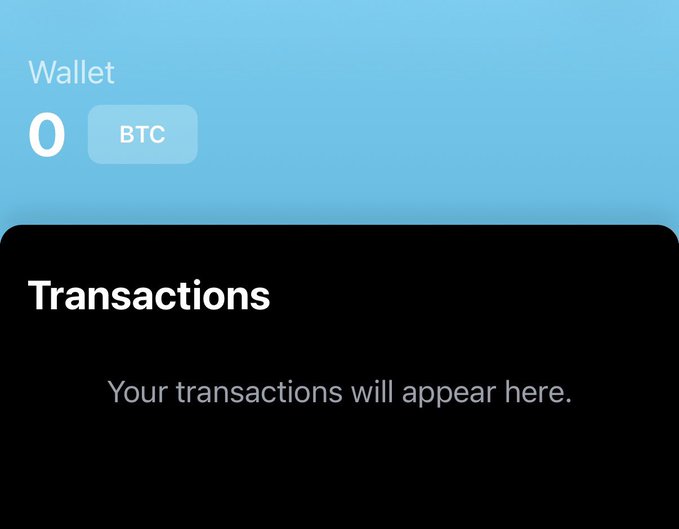 A mobile app interface showing a Bitcoin wallet with a balance of '0' BTC and an empty 'Transactions' section reading 'Your transactions will appear here.'