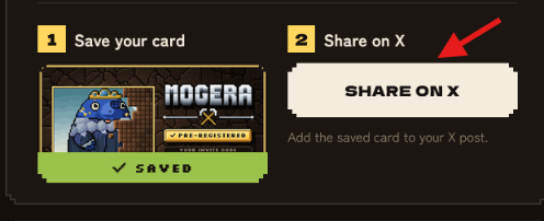 A digital card with the text 'MOGERA PRE-REGISTERED' shows it has been saved with a green 'SAVED' checkmark, next to a 'SHARE ON X' button highlighted by a red arrow.