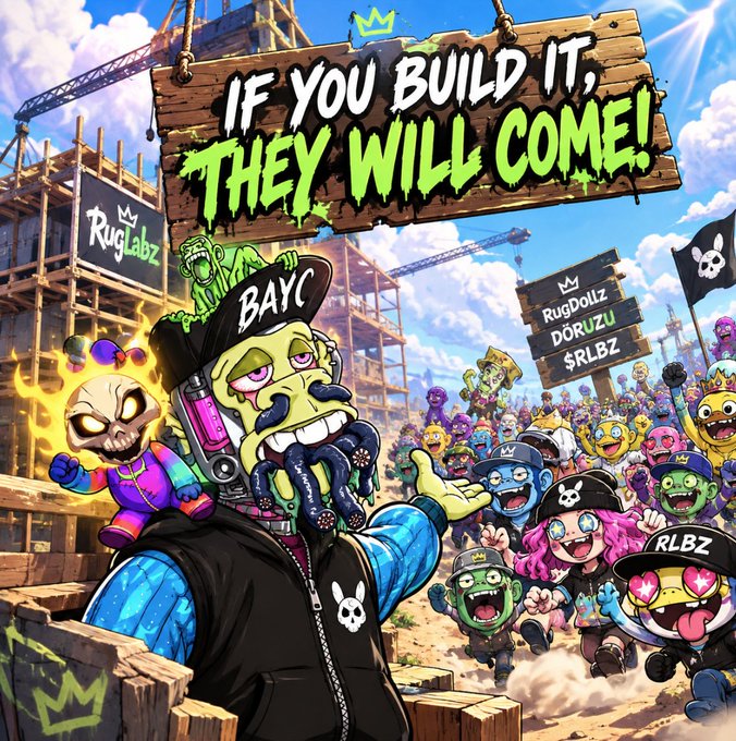 A vibrant cartoon-style promotional image for various NFT projects featuring the text "IF YOU BUILD IT, THEY WILL COME!" on a wooden sign, with characters labeled "BAYC", "RugLabz", "RugDolz", "DORUZU", and "RLBZ".