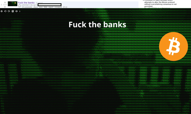 Meme image with green binary code background displaying 'Fuck the banks' text alongside an orange Bitcoin logo, with browser developer tools visible at the top.