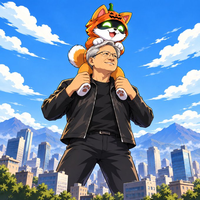 An anime-style illustration of an older man with glasses carrying a cute robotic cat mascot on his shoulders, set against a cityscape with blue skies and clouds.
