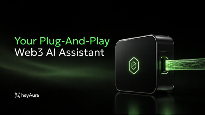 A sleek black cube-shaped device with a glowing green logo emits a stream of green light, set against a dark background with the text "Your Plug-And-Play Web3 AI Assistant" and the "heyAura" branding. The image visually reinforces the post's message by depicting a compact, ready-to-use device that can easily integrate into an existing Web3 setup, embodying the convenience of "plugging in" heyAura without overhauling one's digital life.