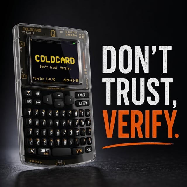 The image features a clear plastic cell phone with a black keyboard, placed on a table against a dark background. The phone has a message written on its screen that reads "Don't trust, verify." This message seems to be related to Bitcoin or cryptocurrency, as suggested by the caption provided in the image.