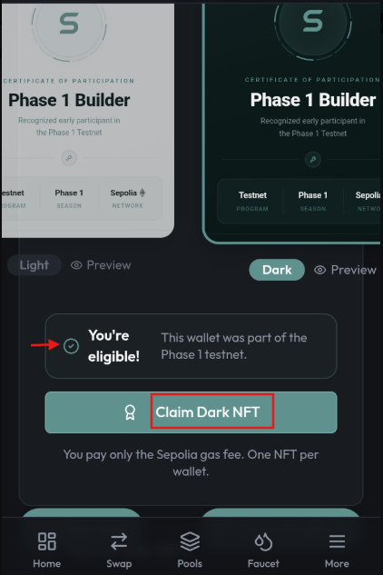 A mobile interface for claiming a "Phase 1 Builder" NFT certificate on Stabilizer, with an eligibility confirmation stating "This wallet was part of the Phase 1 testnet" and a highlighted "Claim Dark NFT" button above text noting "You pay only the Sepolia gas fee. One NFT per wallet."