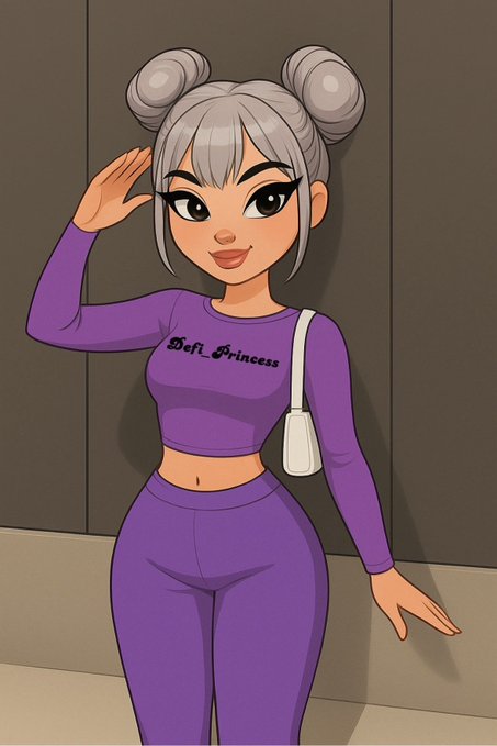 A cartoon illustration of a young woman with silver hair in double buns, wearing a purple crop top that reads 'Dfl Princess' and matching purple pants, waving at the viewer.