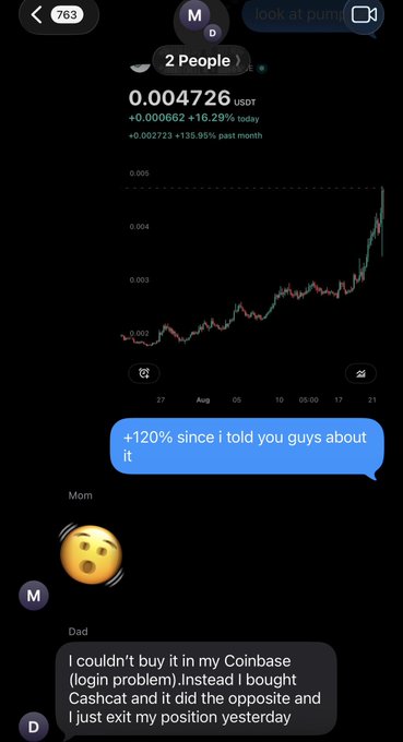 A screenshot of a chat conversation about cryptocurrency showing a chart for a coin at 0.004726 USDT with +135.96% past month, with messages discussing a 120% gain and a family member's failed Cashcat investment.