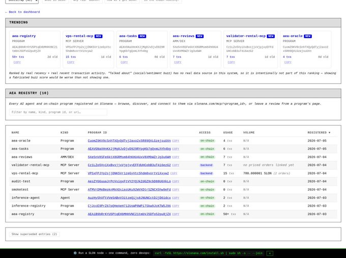 A screenshot of a dashboard showing an AEA Registry with trending programs including 'aea-registry', 'vps-rental-mcp', and 'aea-tasks' with various tss and registration dates.