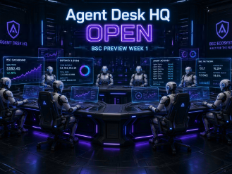 A futuristic digital rendering showing robots and agents working at desks in a high-tech operations center labeled 'Agent Desk HQ OPEN BSC PREVIEW WEEK'.